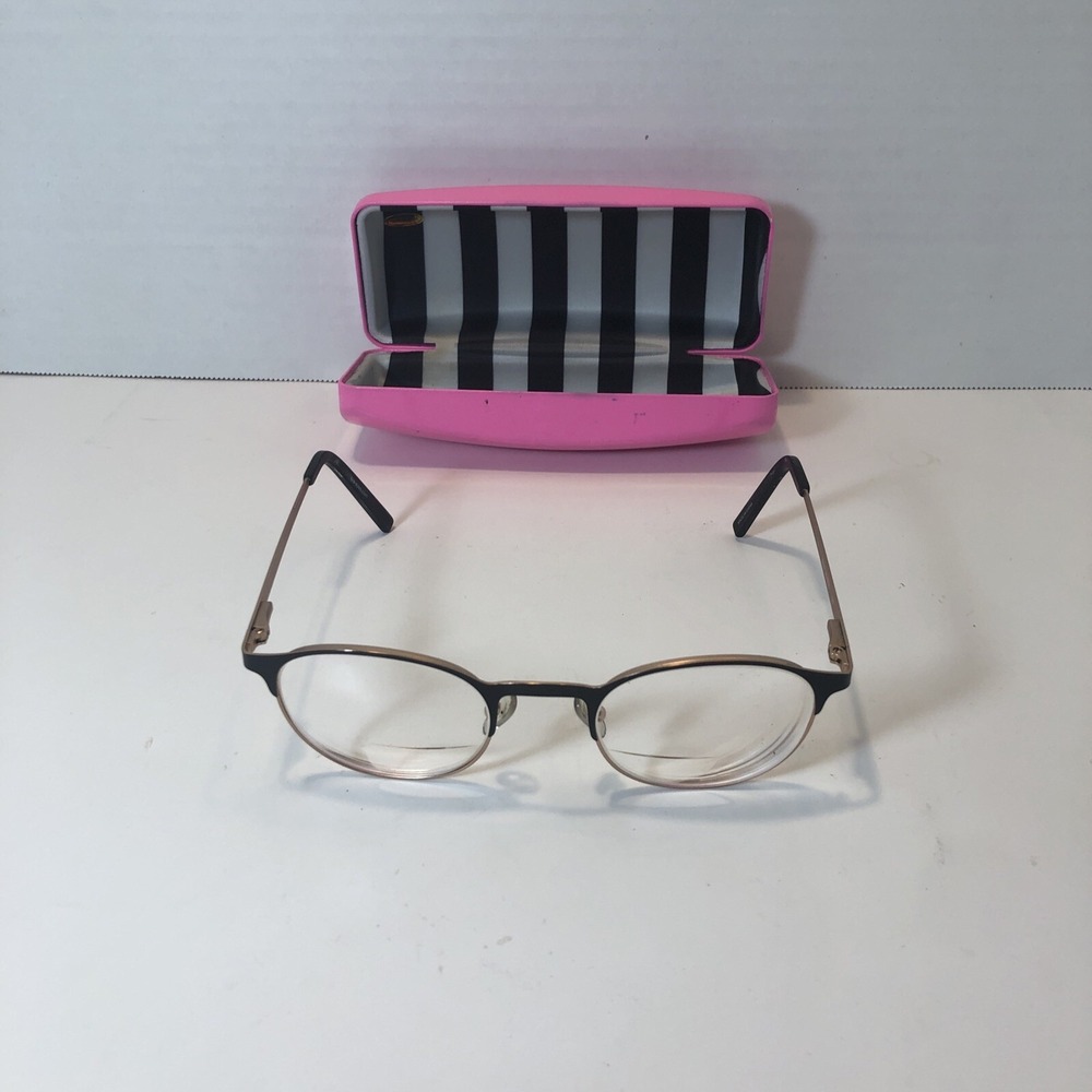Black and Gold Oval Eyeglass Frames with Pink Hard Case Vintage Style